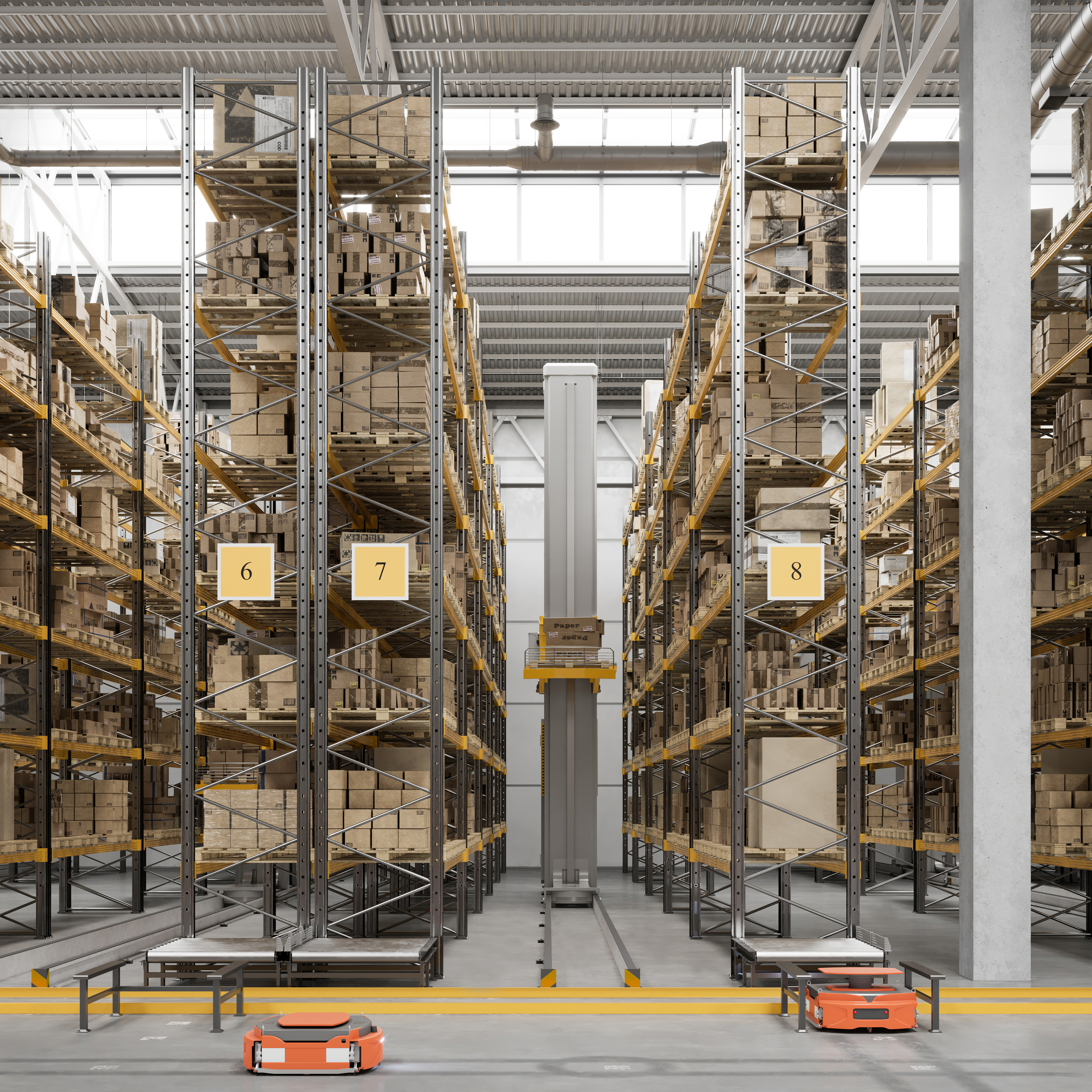3d rendering of futuristic warehouse interior. Large racks with cardboard boxes and automated guided vehicles in the warehouse.