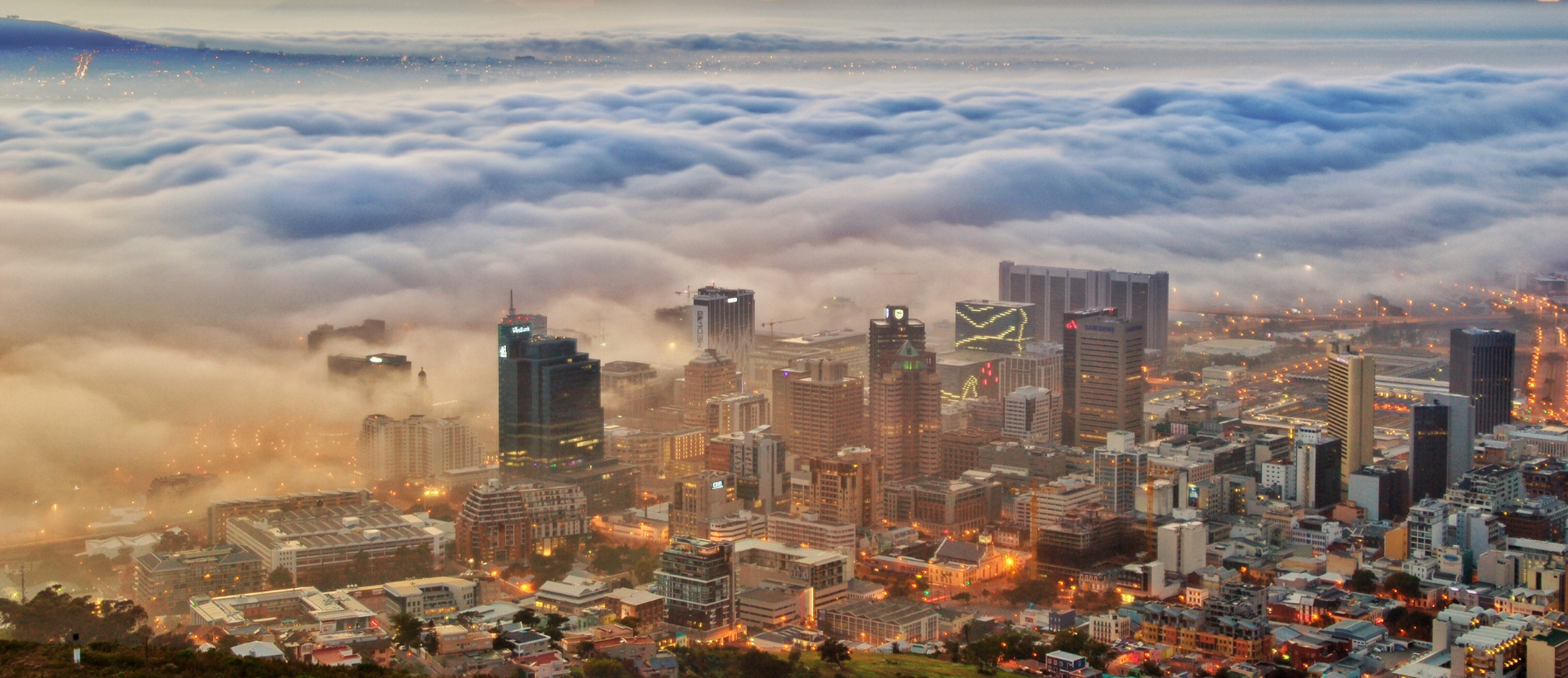 High Angle View Of Buildings In Cape Town, South Africa During Sunset