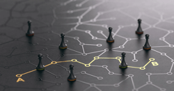 3D illustration of a conceptual maze. Shortcut between points A and B or finding the shortest path concept.