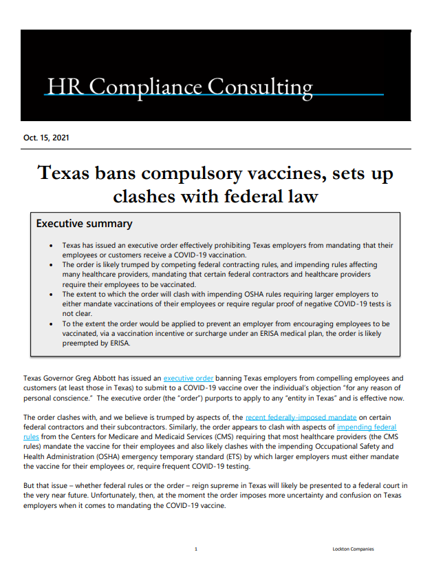 Texas bans compulsory vaccines, sets up clashes with federal law 