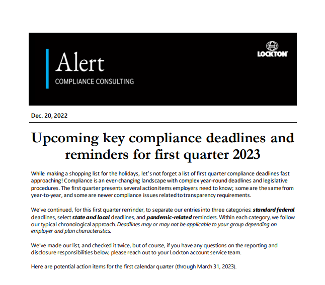 Upcoming key compliance deadlines and reminders for first quarter 2023 |  Lockton
