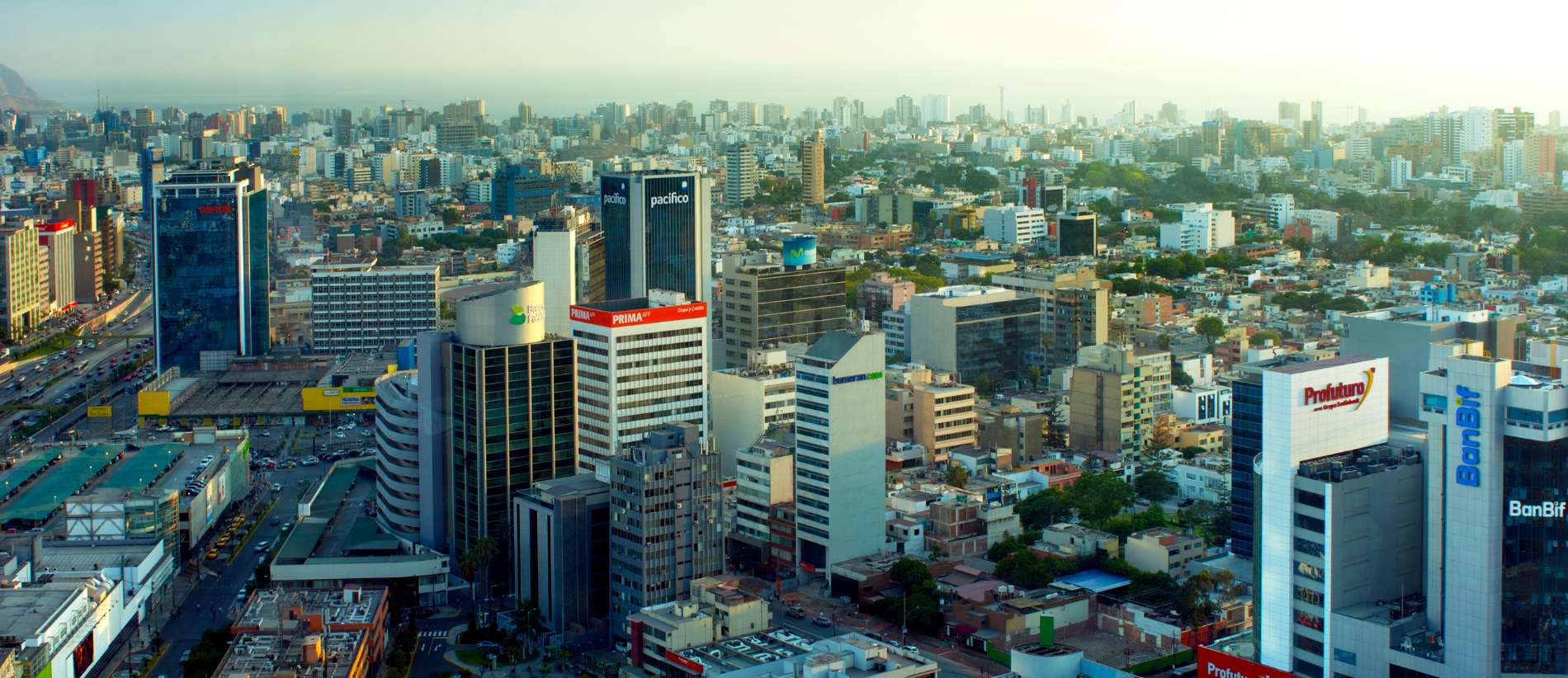 The high rise office buildings in the San Isidro district, financial quarter, of Lima, Peru.