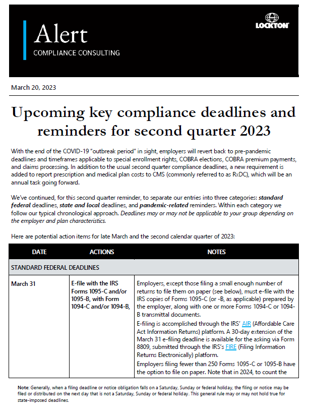 Upcoming key compliance deadlines and reminders for second quarter 2023 |  Lockton