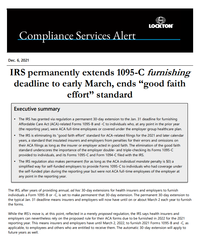 Irs Permanently Extends 1095 C Furnishing Deadline To Early March Ends Good Faith Effort Standard Lockton