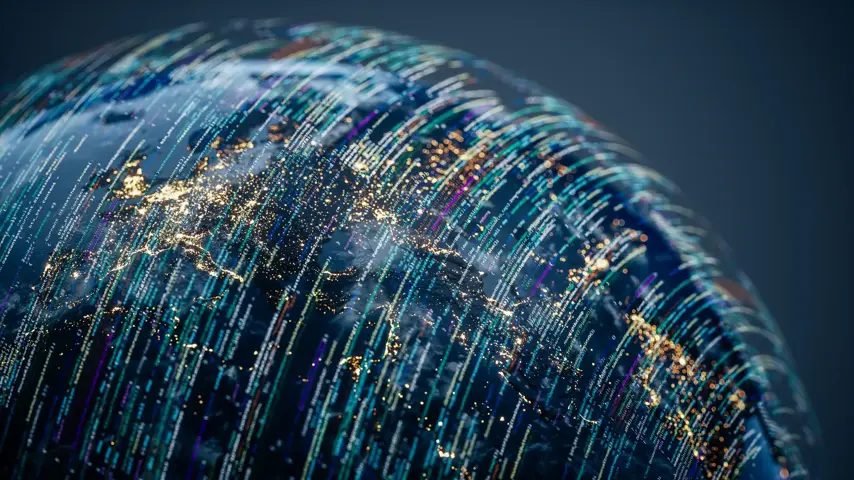 Conceptual image of Earth with data streams and digital overlays, ideal for themes involving artificial intelligence, big data, and global tech innovation.
(World Map Courtesy of NASA: https://visibleearth.nasa.gov/view.php?id=55167)