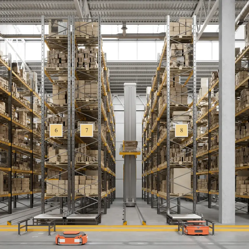 3d rendering of futuristic warehouse interior. Large racks with cardboard boxes and automated guided vehicles in the warehouse.