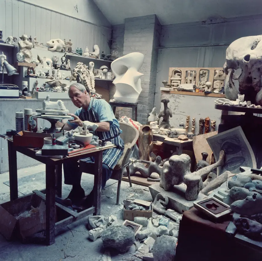 Henry Moore in his Maquette Studio, Perry Green c.1968. Photo: John Hedgecoe. Reproduced by permission of the Henry Moore Foundation.