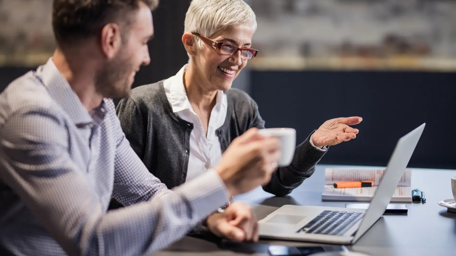 Happy senior businesswoman cooperating with her male colleague while working on a computer in the office.