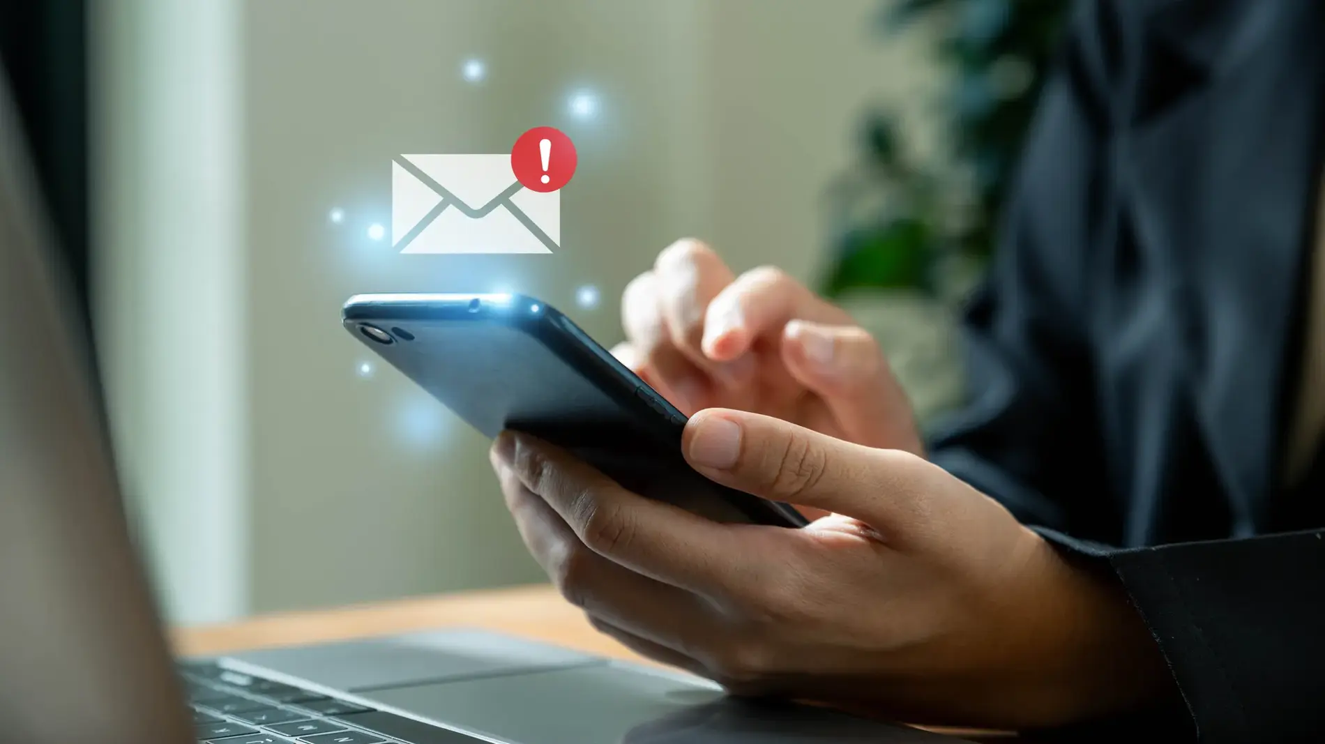 Security concept, Businesswoman using phone with email danger alert.