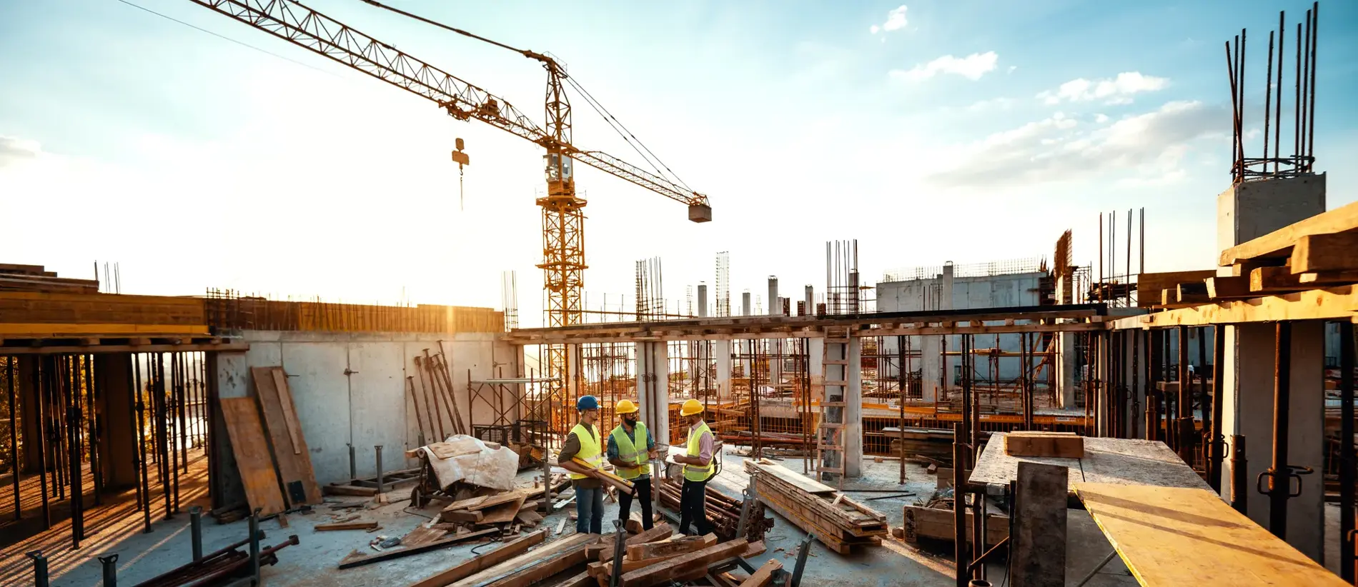 Construction industry concept - architects and engineers discussing work progress between concrete walls, scaffolds and cranes.