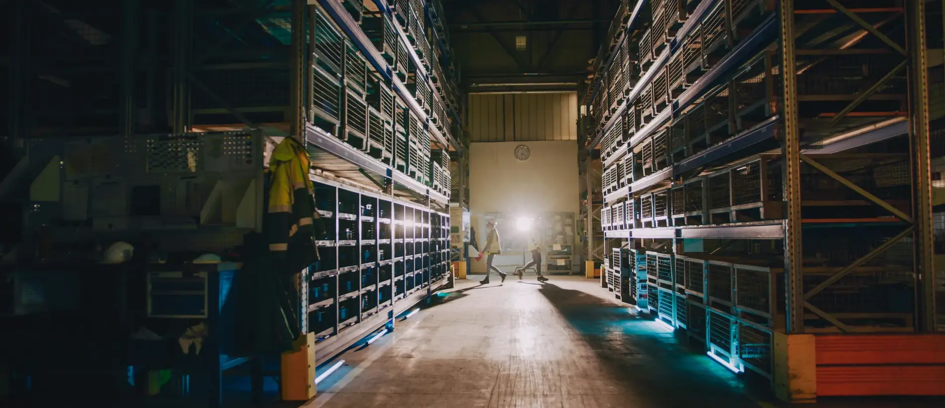 At the distance workers walking at the opposite direction of each other in storage compartment of factory.