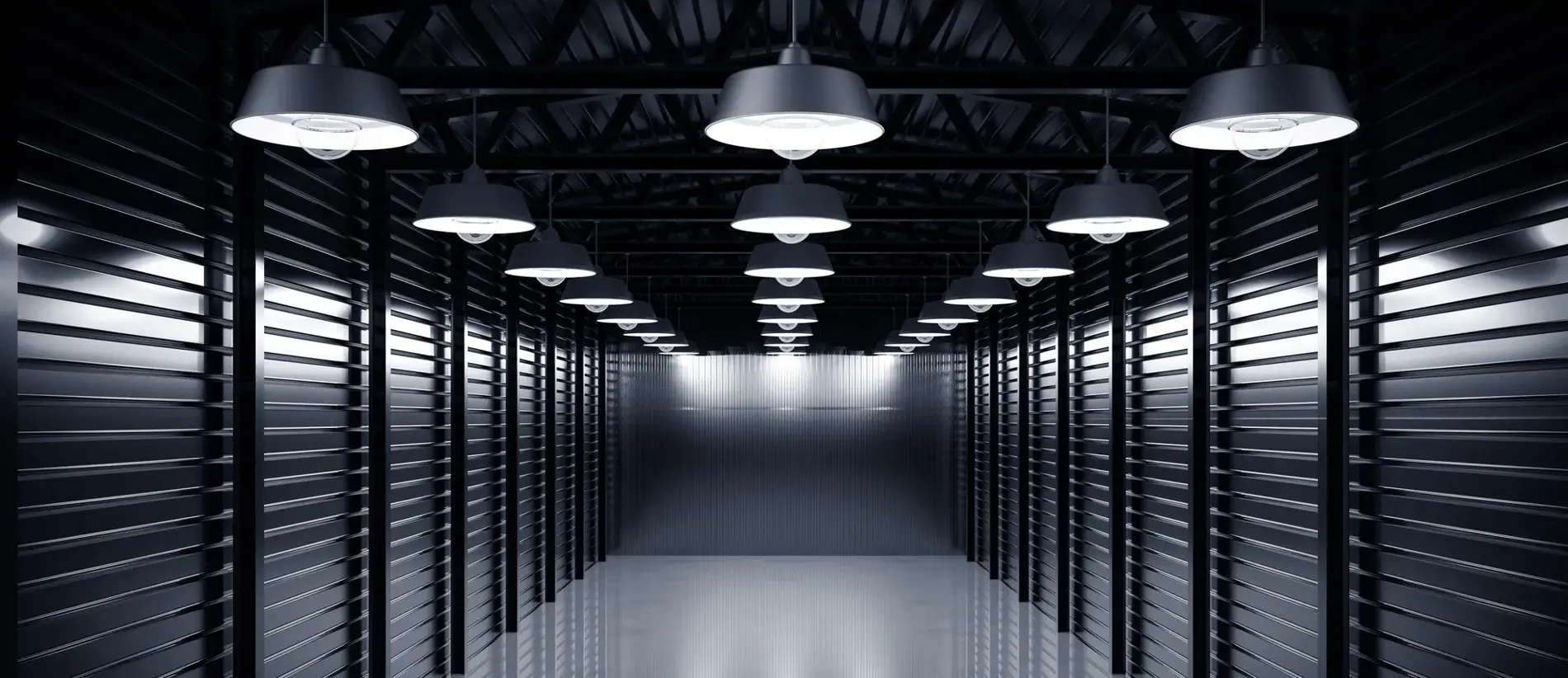 Warehouse with vintage retro lamps, empty factory hall.