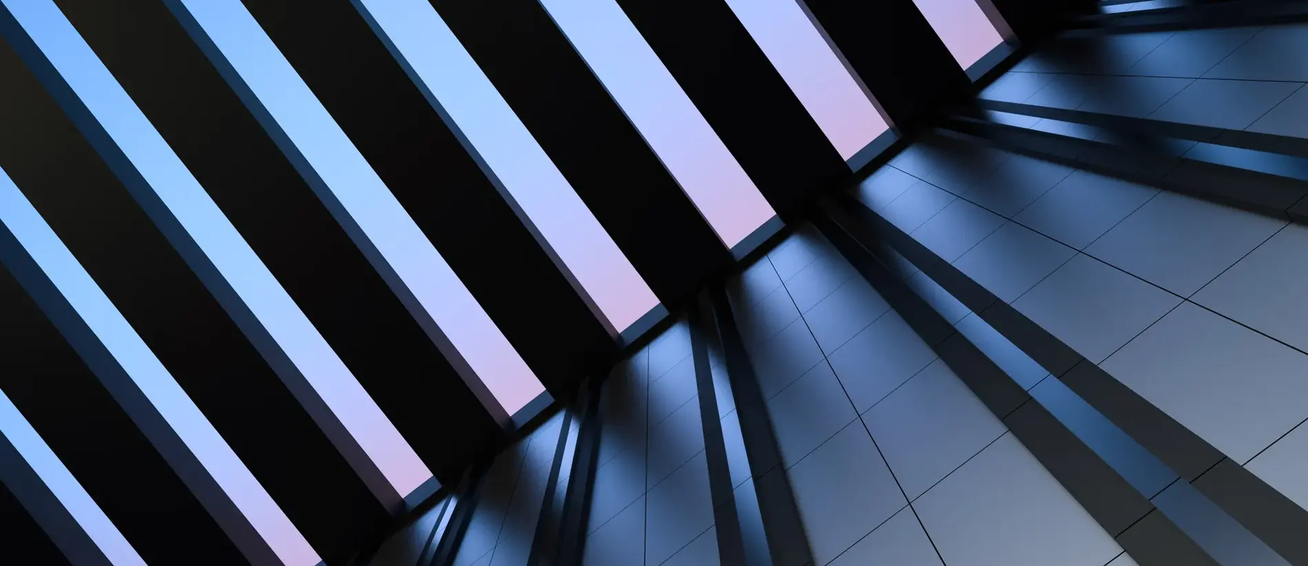 Wall of building, modern architecture with metal elements, building with transparent ceiling, sky view. Modern house, office, building, with metal wall and open sky. 3D render.