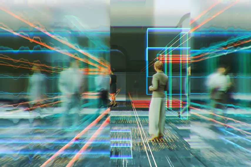 Businesspeople in futuristic virtual reality environment. 3D generated image.