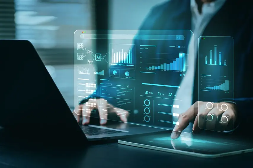 AI, data analysis. Business people use AI to analyze financial related data. big data Complex performance measurement With modern innovative technology