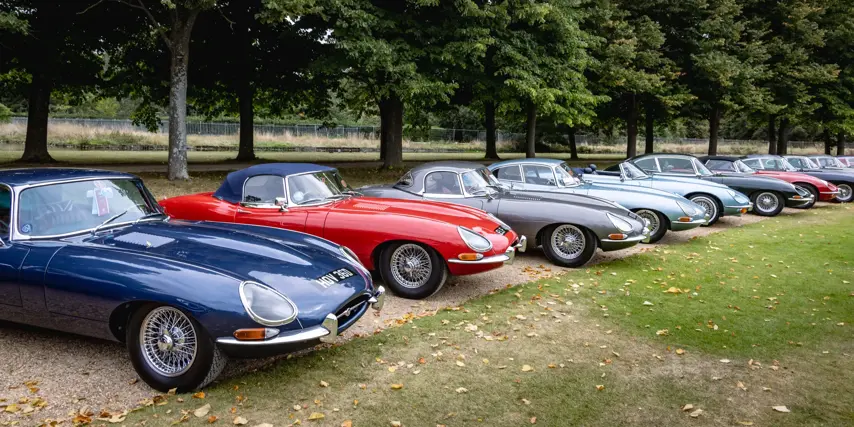 London, England - August 31, 2024: Display of classic Jaguar E-Type cars,  Concours of Elegance 2024, Hampton Court Palace, London, UK