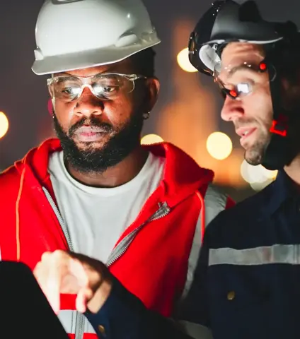 Engineer with laptop working in oil refinery.