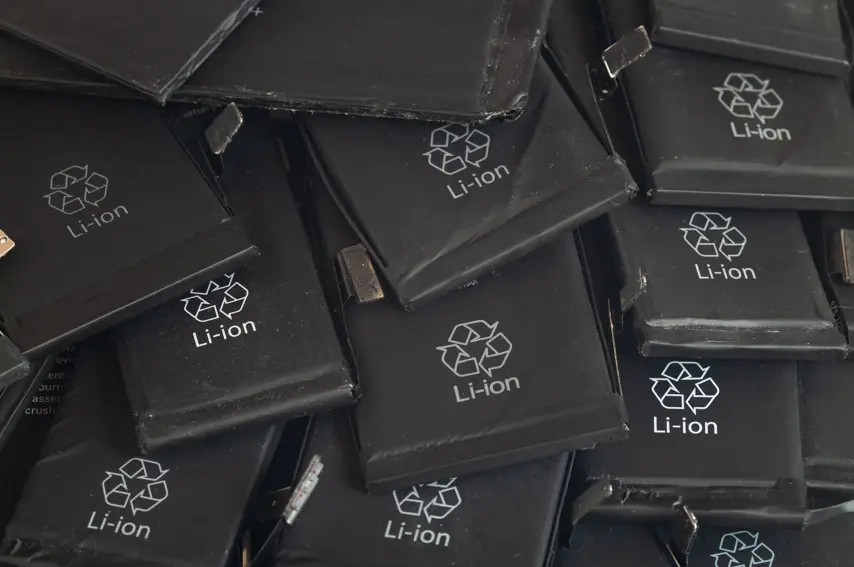 Close up of old used lithium polymer batteries of mobile phones preparation for recycling