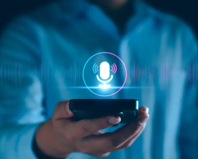 Voice recording. Man touching microphone icon on smart phone. Mobile application Record sound, audio, music, voice message. or Use your voice to direct AI to search for information on Internet.