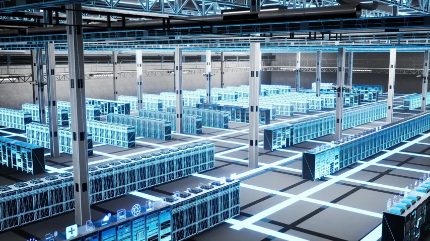 IT infrastructure, blade servers and digital twin scan for database management. 3D render blue wireframe VFX compositing of data center equipment used for business tasks and website hosting