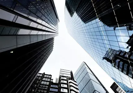 Directly below shot of modern skyscrapers in the City of London.